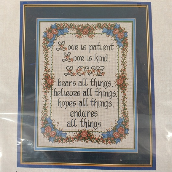 Vtg Bernat Counted Cross Stitch Kit Love Is Patient Religious Home Decor 16x20 - Picture 2 of 5